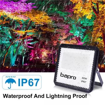 [2 Pack] bapro 50W LED RGB Floodlights with Remote Control, IP67 Waterproof Dimmable Decorative Coloured Flood Light 16 Colours 4 Modes,Coloured Floodlight with Remote Control。[Energy Class A++]