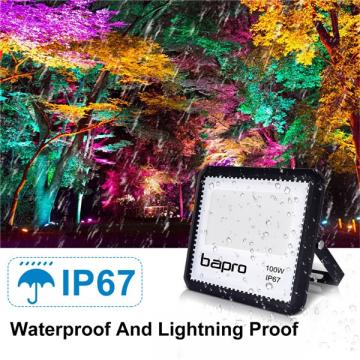 [2 Pack] bapro 100W LED RGB Floodlights with Remote Control, IP67 Waterproof Dimmable Decorative Coloured Flood Light 16 Colours 4 Modes,Coloured Floodlight with Remote Control。[Energy Class A++]
