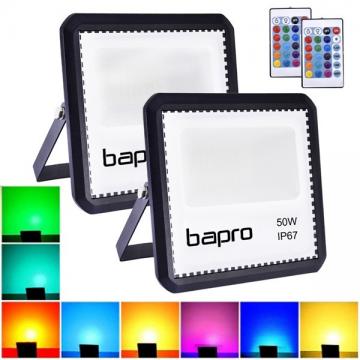 [2 Pack] bapro 50W LED RGB Floodlights with Remote Control, IP67 Waterproof Dimmable Decorative Coloured Flood Light 16 Colours 4 Modes,Coloured Floodlight with Remote Control。[Energy Class A++]