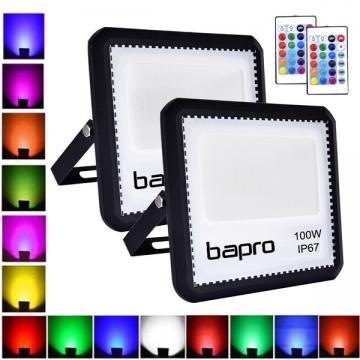 [2 Pack] bapro 100W LED RGB Floodlights with Remote Control, IP67 Waterproof Dimmable Decorative Coloured Flood Light 16 Colours 4 Modes,Coloured Floodlight with Remote Control。[Energy Class A++]