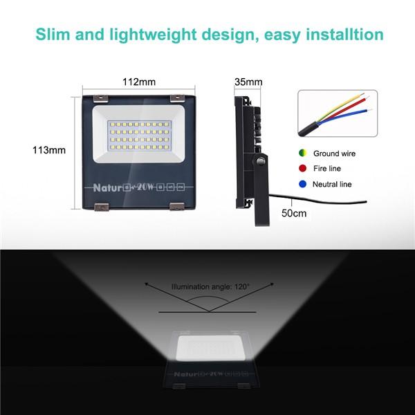 NATUR 20W LED Flood Light, Ultra Slim and Lightweight Design, 2000LM Outdoor Security Spotlights, 100W Halogen Equivalent, IP66 Waterproof, 6000K Daylight White [Energy Class A++]