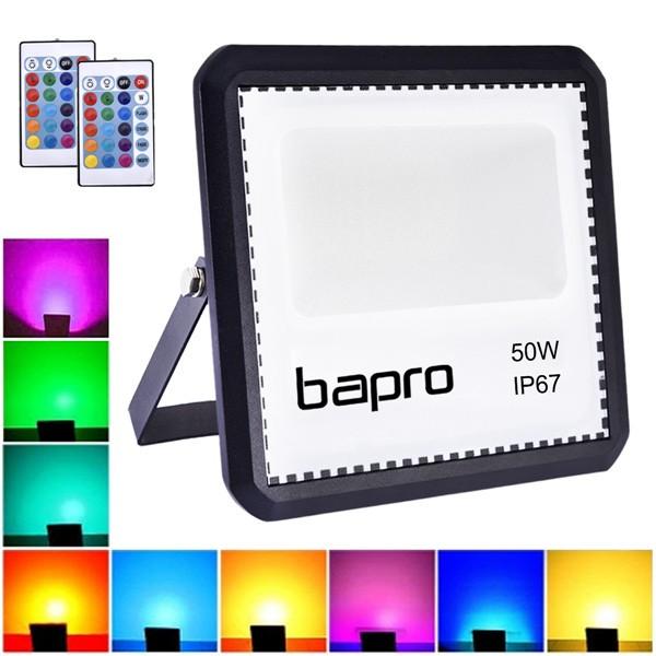 bapro 50W LED RGB Floodlights with Remote Control, IP67 Waterproof Dimmable Decorative Coloured Flood Light 16 Colours 4 Modes,Coloured Floodlight with Remote Control。[Energy Class A++]