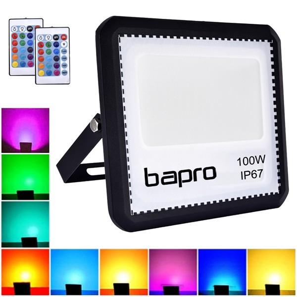 bapro 100W LED RGB Floodlights with Remote Control, IP67 Waterproof Dimmable Decorative Coloured Flood Light 16 Colours 4 Modes,Coloured Floodlight with Remote Control。[Energy Class A++]