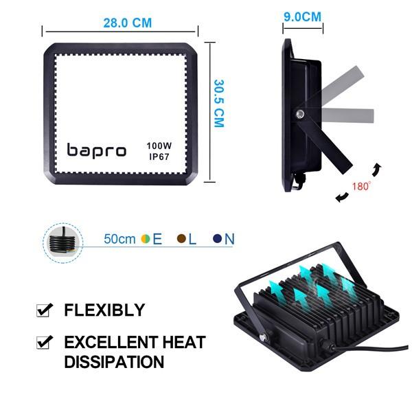 bapro 100W LED RGB Floodlights with Remote Control, IP67 Waterproof Dimmable Decorative Coloured Flood Light 16 Colours 4 Modes,Coloured Floodlight with Remote Control。[Energy Class A++]