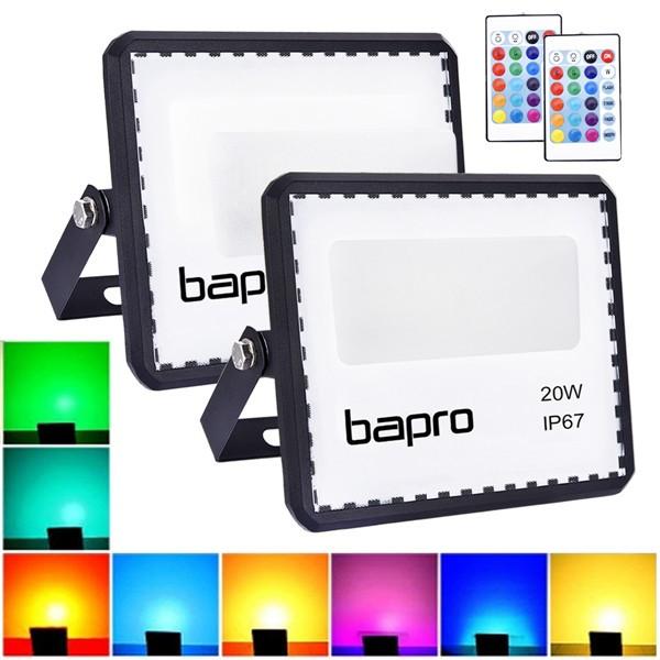 [2 Pack] bapro 20W LED RGB Floodlights with Remote Control, IP67 Waterproof Dimmable Decorative Coloured Flood Light 16 Colours 4 Modes,Coloured Floodlight with Remote Control。[Energy Class A++]